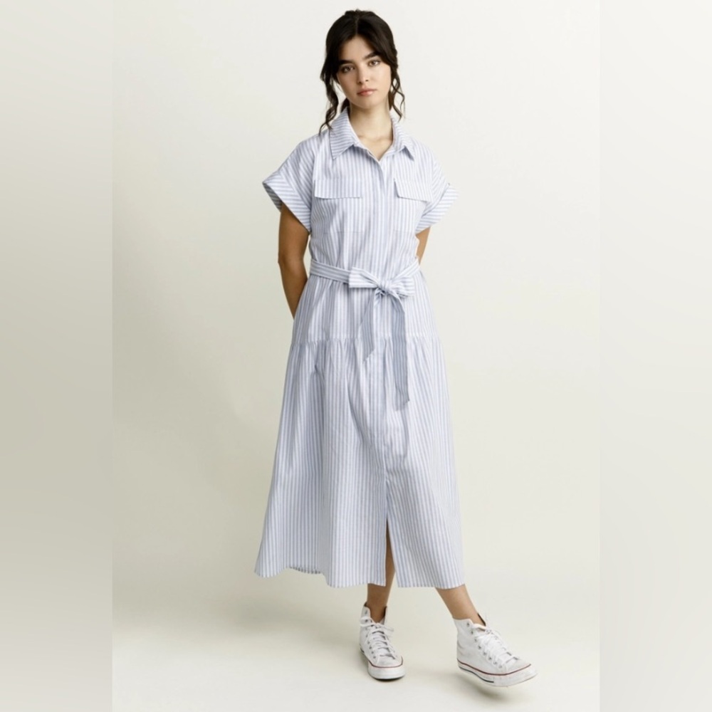 Striped Shirt Dress with Tie Belt - Blue/White